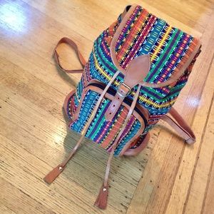 MEXICAN HAND CRAFTED LEATHER & TAPESTRY BACKPACK